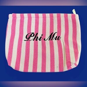 Phi Mu college sorority embroidered 10” zipper bag cosmetic pink white striped